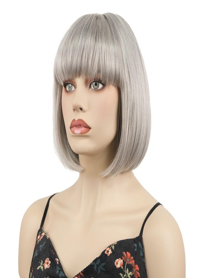 Aimole Short Straight Bob Wig Cute Flat Bangs Synthetic Women Wigs (51 Silver Grey) - Image 2